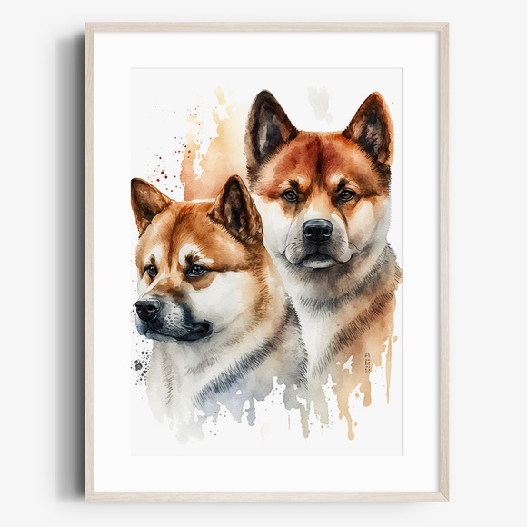 Other - Watercolor American Akita Dogs Portrait Wall Art Illustration Print Unframed